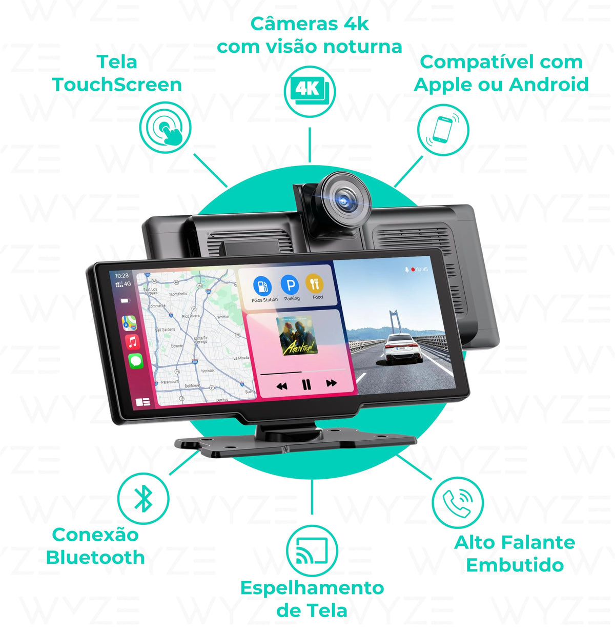 WyzeAuto - Sistema multimedia portátil con Cámara Frontal + Cámara de Retroceso DE REGALO